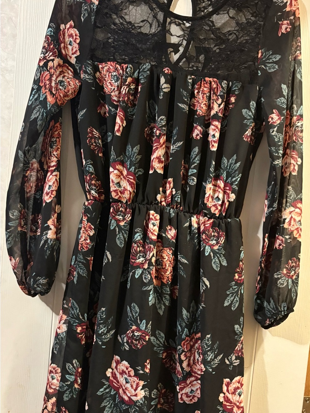 Charlotte Russe Black Floral Long Sleeve Dress with Lace Yoke